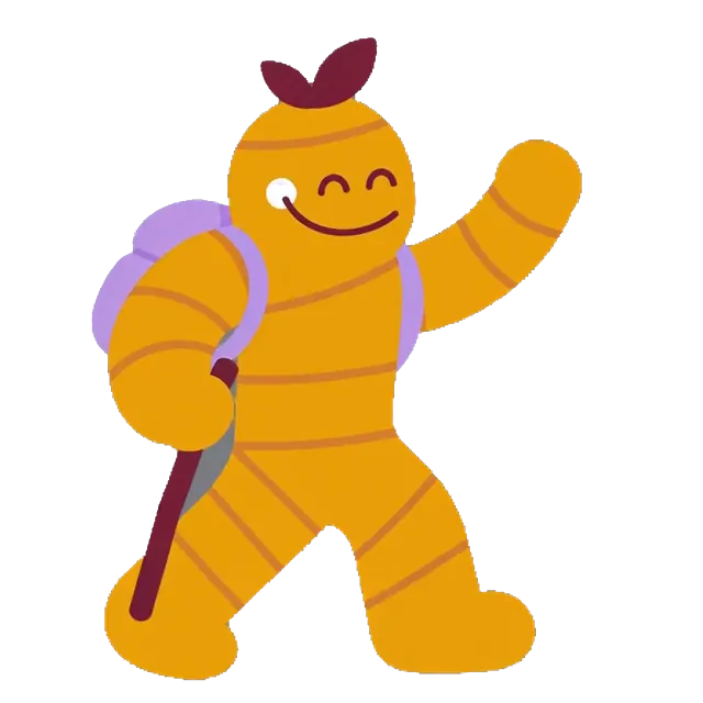 La mascota de Jengizitos camina por un sendero con mochila y bastón, se come un cubito de jengibre cristalizado y sigue saludando